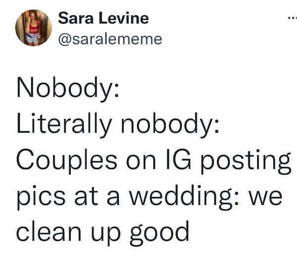 gen z when life gives you lemons meme - Sara Levine Nobody Literally nobody Couples on Ig posting pics at a wedding we clean up good