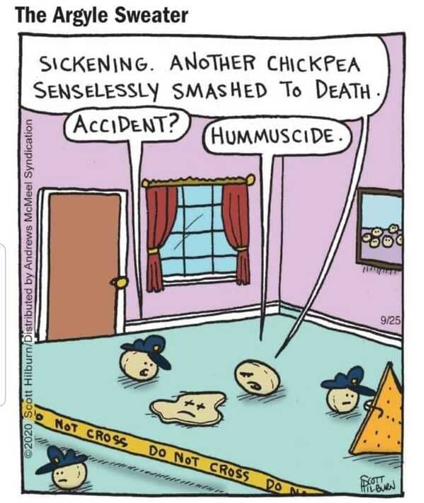 punny pics - Cartoon - The Argyle Sweater Sickening. Another Chick Pea Senselessly Smashed To Death. Accident? Hummuscide. 180 Ty 2020 Scott Hilburn Distributed by Andrews McMeel Syndication 925 Not Cross Do Not Cross Don Scott Hilbun