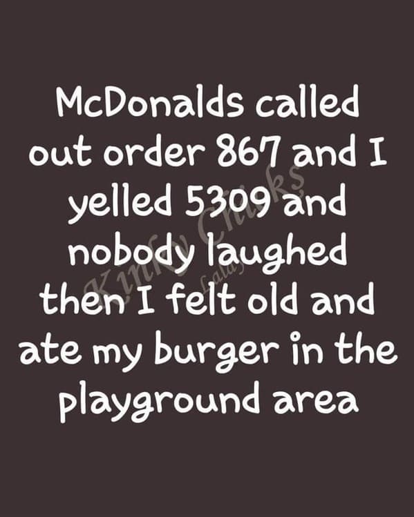 punny pics - love - McDonalds called out order 867 and I yelled 5309 and then to laughed and ate my burger in the playground area