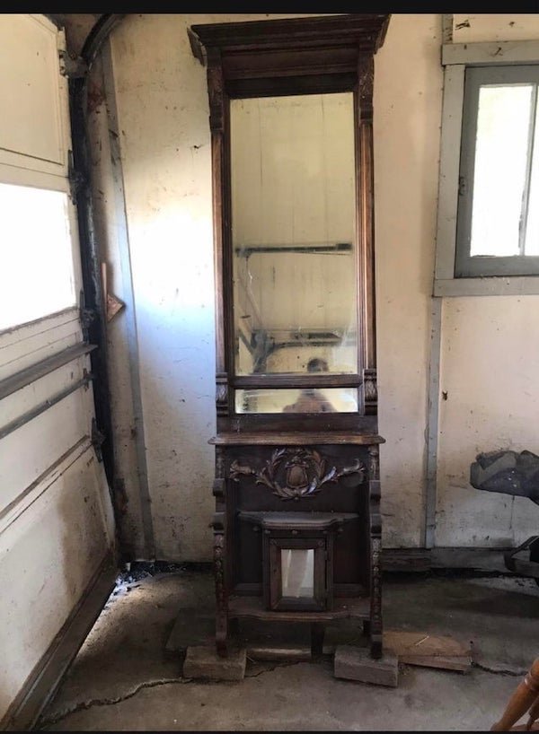 Unusual mirrored furniture piece. Maybe a barber shop piece?

A: Common for late 1800s, early 1900s. Entryway furniture, often a coat or hatrack incorporated. Tall because row houses of the era had 10-12 ft ceilings on the entry floor