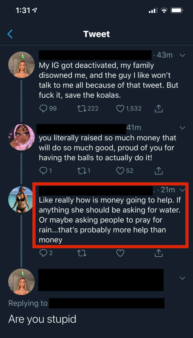 girl raises money for australia - 1 Tweet .43m My Ig got deactivated, my family disowned me, and the guy I won't talk to me all because of that tweet. But fuck it, save the koalas. 999 27 222 1,532 41m you literally raised so much money that will do so mu