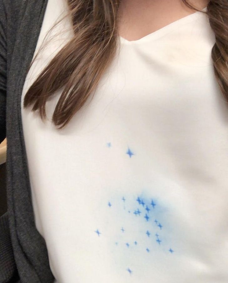 “The ink from my date stamp at work exploded on my shirt and the material formed the droplets into little stars.”