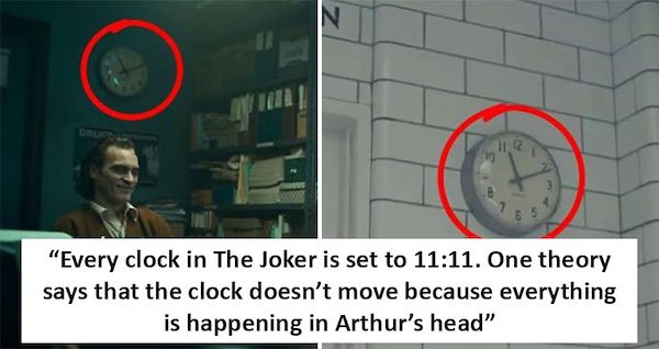 hidden details in movies - In 11, 12 "Every clock in The Joker is set to . One theory says that the clock doesn't move because everything is happening in Arthur's head