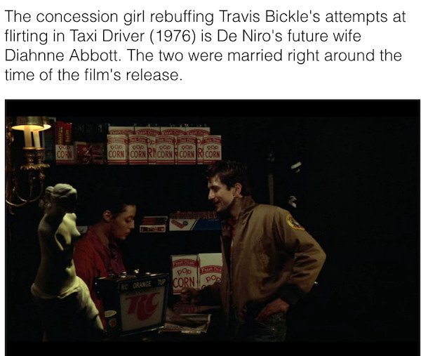 taxi driver concession girl - The concession girl rebuffing Travis Bickle's attempts at flirting in Taxi Driver 1976 is De Niro's future wife Diahnne Abbott. The two were married right around the time of the film's release. Ood Pe Od Ood pop Pod Corn Corn