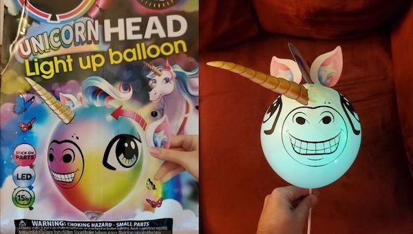 expectation vs reality - easter egg - Wnicorn Head Light up balloon To Stick On Parts Led 15h A Warning Choking Hazard Small Parts Web omdat