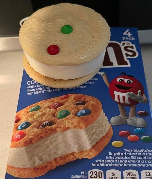expectation vs reality - midly infuriating - 4 pack n Col vanilla flava ancial flavor added, santo cuokies with M&M'S Minis Milk Chucrate candies m m m m Not a reduced fat food The portion of reduced fat ice cream in this product has 40% less fat than sim