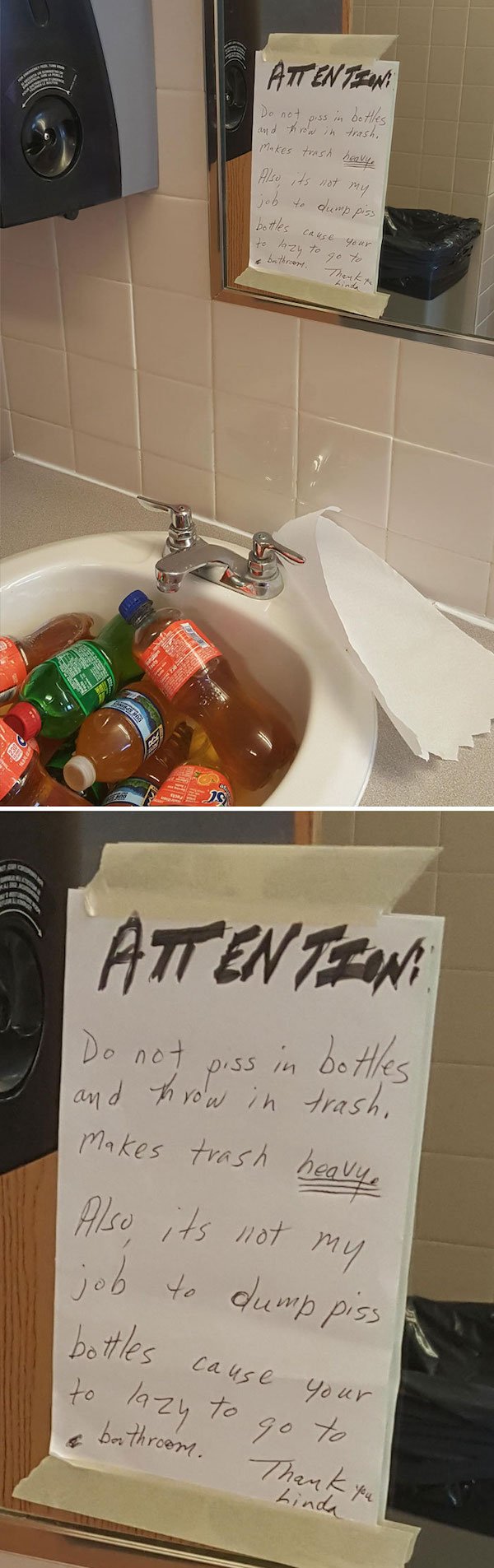 The People On My Floor - Attente Do not in trash, makes trash heavy Also, its not my to dump piss job I bottles cause your to lazy to go bathroom. Js Attentesin Do not and throw in trash, piss in bottles makes trash heavye | Also its not my job to dump pi