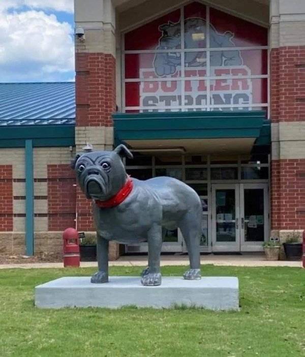 "My high school commissioned a bulldog statue! This is the result"