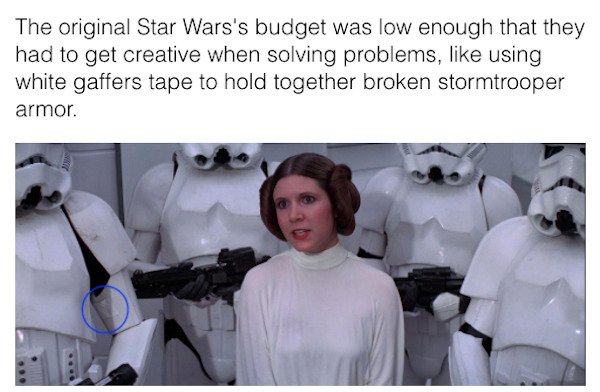 star wars easter eggs - carrie fisher star wars no bra - The original Star Wars's budget was low enough that they had to get creative when solving problems, using white gaffers tape to hold together broken stormtrooper armor.