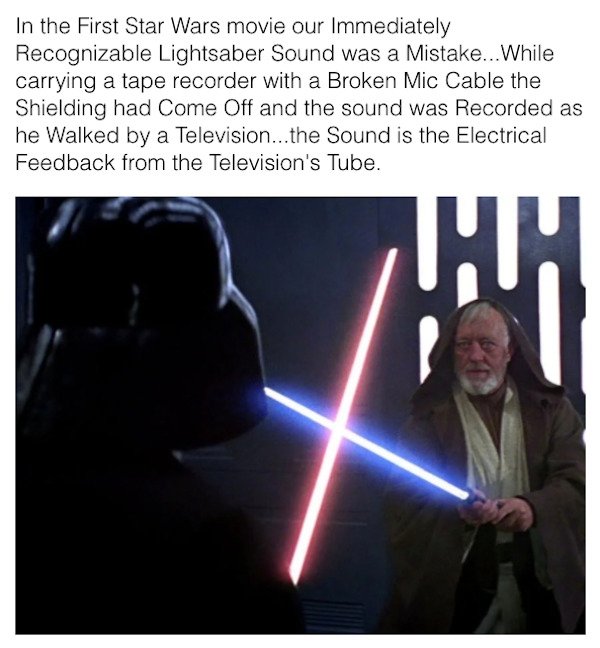 star wars easter eggs - ben kenobi - In the First Star Wars movie our Immediately Recognizable Lightsaber Sound was a Mistake... While carrying a tape recorder with a Broken Mic Cable the Shielding had Come Off and the sound was Recorded as he Walked by a