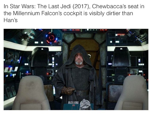 star wars easter eggs - millennium falcon cockpit - In Star Wars The Last Jedi 2017, Chewbacca's seat in the Millennium Falcon's cockpit is visibly dirtier than Han's Bes