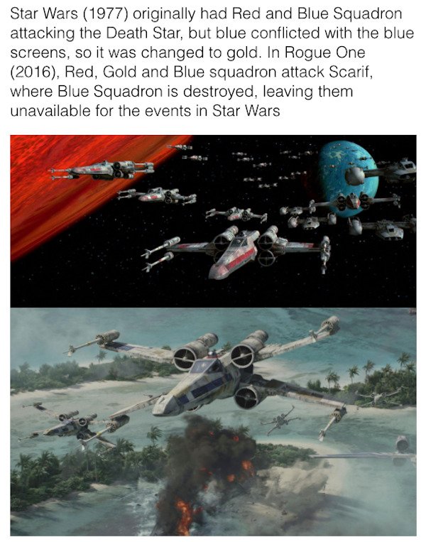 star wars easter eggs - water - Star Wars 1977 originally had Red and Blue Squadron attacking the Death Star, but blue conflicted with the blue screens, so it was changed to gold. In Rogue One 2016, Red, Gold and Blue squadron attack Scarif, where Blue Sq