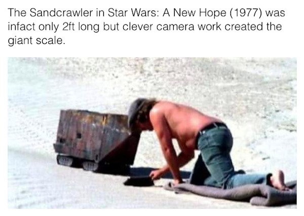 star wars easter eggs - photo caption - The Sandcrawler in Star Wars A New Hope 1977 was infact only 2ft long but clever camera work created the giant scale.