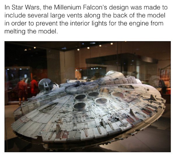 star wars easter eggs - In Star Wars, the Millenium Falcon's design was made to include several large vents along the back of the model in order to prevent the interior lights for the engine from melting the model.