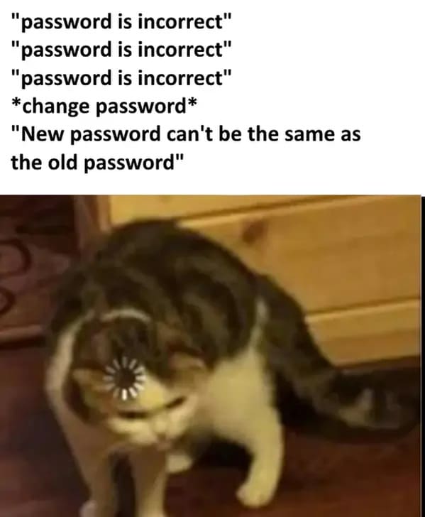 funny memes - relatable memes - passwords memes - "password is incorrect" "password is incorrect" "password is incorrect" change password "New password can't be the same as the old password"