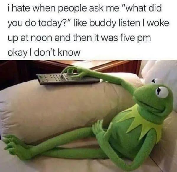 funny memes - relatable memes - funny kermit the frog memes - i hate when people ask me "what did you do today?" buddy listen I woke up at noon and then it was five pm okay I don't know