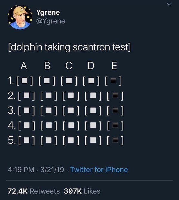 screenshot - Ygrene dolphin taking scantron test A B C D E 1. 0 2. 3.00 4. 5. O O . 32119 Twitter for iPhone