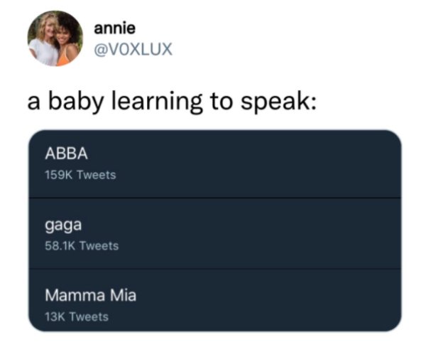funny tweets - multimedia - annie a baby learning to speak Abba Tweets gaga Tweets Mamma Mia 13K Tweets