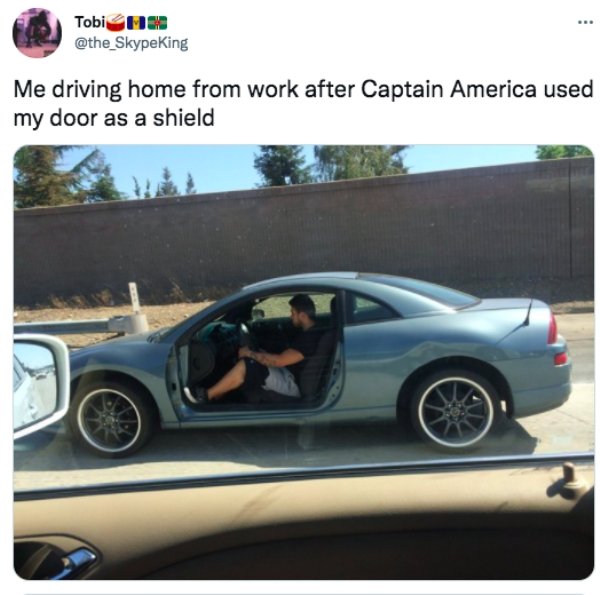 funny tweets - legal to drive without doors - Tobia Me driving home from work after Captain America used my door as a shield