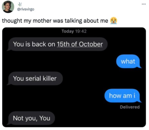 funny tweets - software - thought my mother was talking about me Today You is back on 15th of October what You serial killer how am i Delivered Not you, You