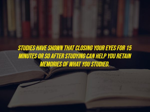 Book - Studies Have Shown That Closing Your Eyes For 15 Minutes Or So After Studying Can Help You Retain Memories Of What You Studied.