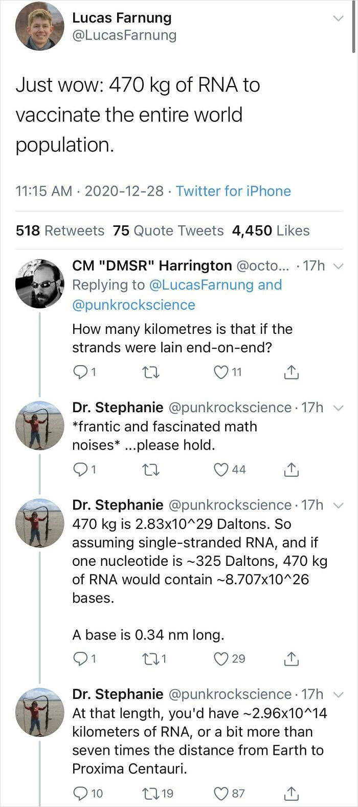 paper - Lucas Farnung Just wow 470 kg of Rna to vaccinate the entire world population. . Twitter for iPhone 518 75 Quote Tweets 4,450 Cm "Dmsr" Harrington ... 17h and How many kilometres is that if the strands were lain endonend? 21 27 11 Dr. Stephanie . 