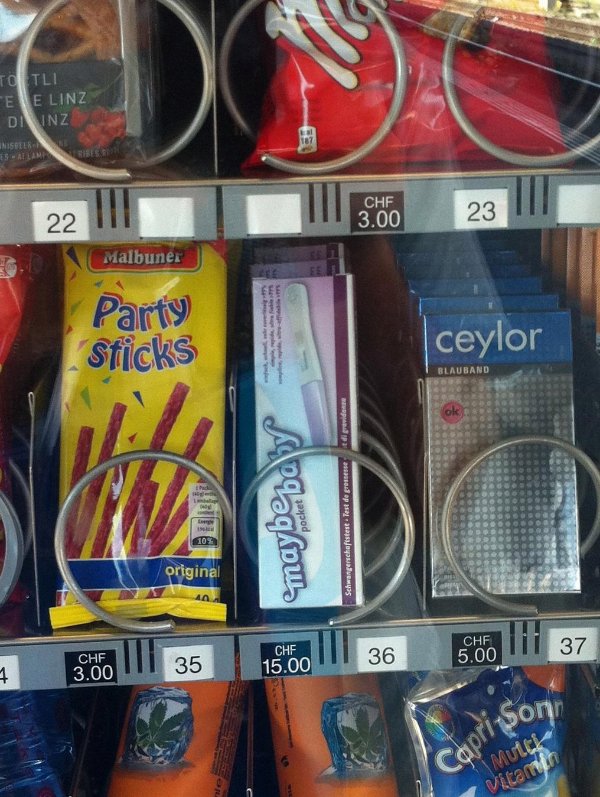 “Vending machines in Switzerland sell pregnancy tests called “Maybe Baby”.”