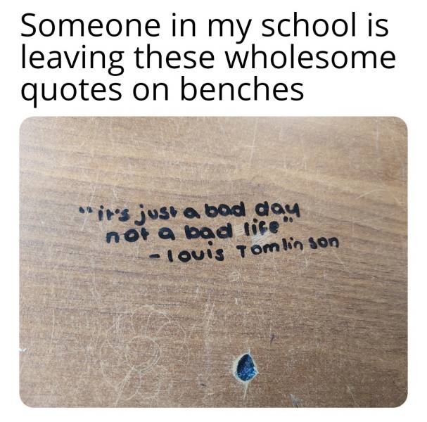 wholesome vandalism - Someone in my school is leaving these wholesome quotes on benches "ines just a bad day not a bad lice louis Tomlinson
