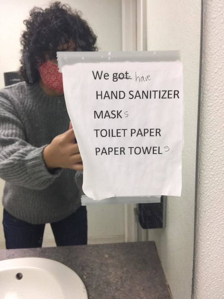photo caption - We got have Hand Sanitizer Masks Toilet Paper Paper Towels