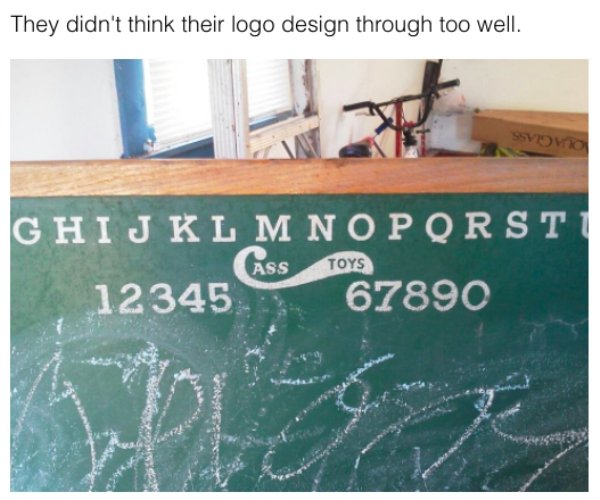 They didn't think their logo design through too well. Svom GHIJKLMNOPQRST1 Gass Ass Toys 12345 67890