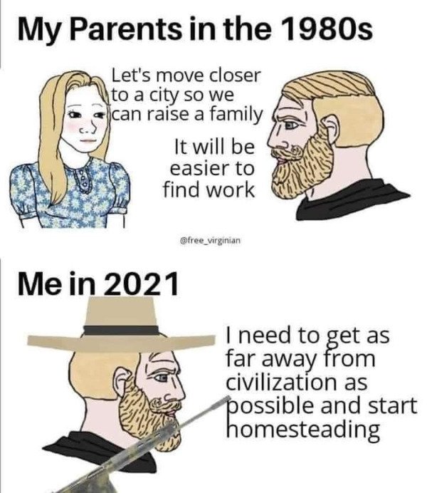 lets goooooo da baby - My Parents in the 1980s Let's move closer to a city so we can raise a family It will be easier to find work 000 Me in 2021 I need to get as far away from civilization as possible and start homesteading