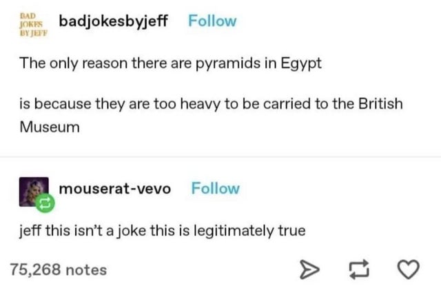 smartass comments - document - Jokes badjokesbyjeff By Jere The only reason there are pyramids in Egypt is because they are too heavy to be carried to the British Museum mouseratvevo jeff this isn't a joke this is legitimately true 75,268 notes 17