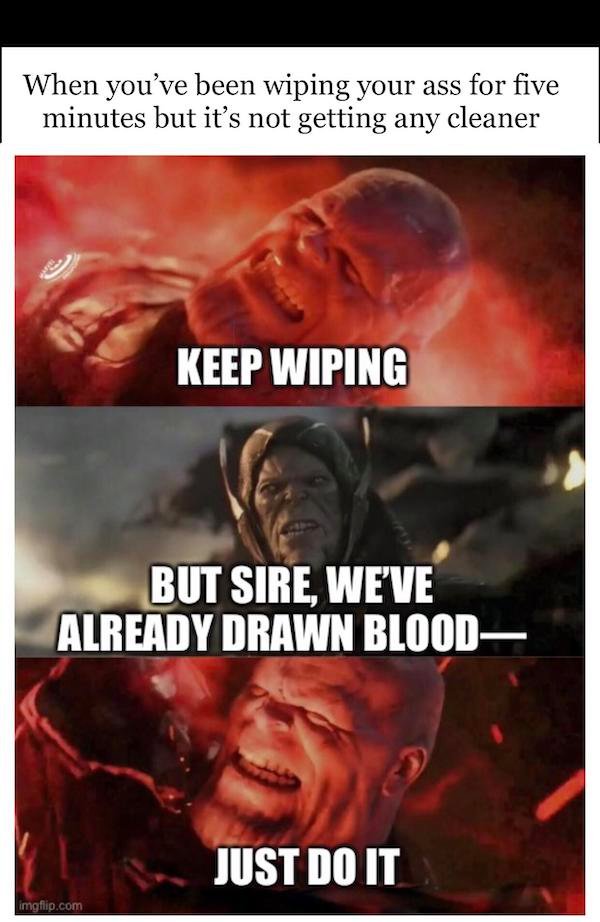 dirty memes - but the resolution meme - When you've been wiping your ass for five minutes but it's not getting any cleaner Keep Wiping But Sire, We'Ve Already Drawn Blood Just Do It imgflip.com