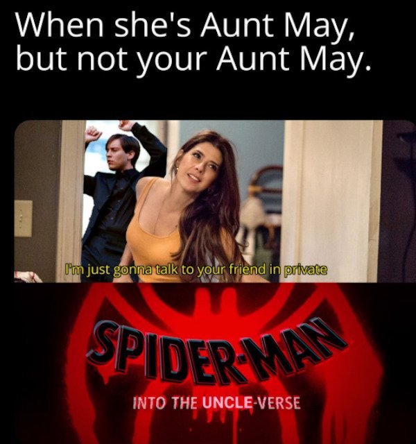 dirty memes - she is aunt may but not your aunt may - When she's Aunt May, but not your Aunt May. I'm just gonna talk to your friend in private Spider Man Into The UncleVerse