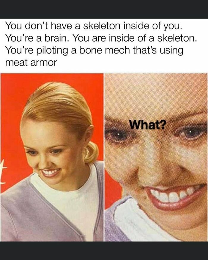 science memes - you are piloting a bone mech - You don't have a skeleton inside of you. You're a brain. You are inside of a skeleton. You're piloting a bone mech that's using meat armor What?