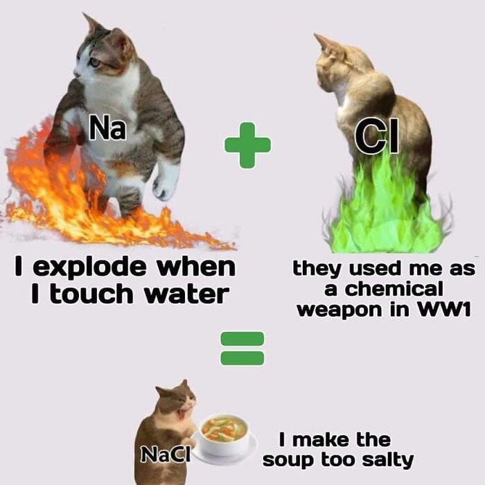 science memes - chemistry memes - Na Ci I explode when I touch water they used me as a chemical weapon in WW1 NaCl I make the soup too salty