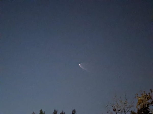 Flew over my house tonight. Seemed like maybe a low flying satellite but it had this tail and the brightness wasn’t constant

A: Falcon 9 launch. You’re seeing the second stage of the rocket.