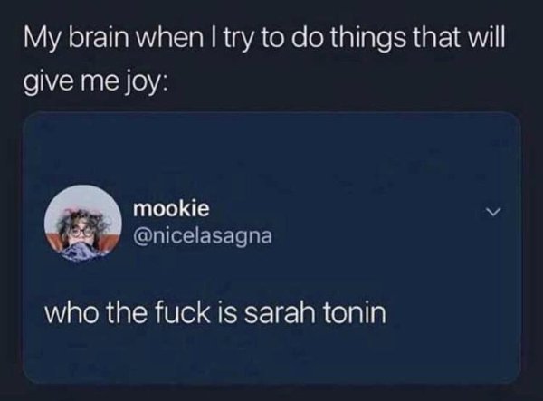 multimedia - My brain when I try to do things that will give me joy mookie who the fuck is sarah tonin