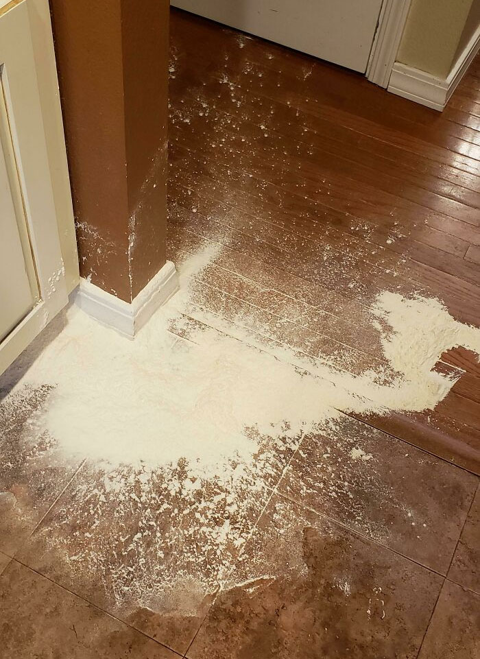 Moved The Flour Away From The Kid So He Wouldn't Make A Mess... And I Knocked It Off The Counter With My Elbow