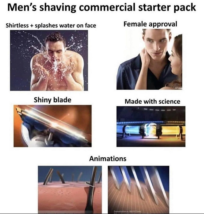 technically true, funny memes - mens shaving commercial meme - Men's shaving commercial starter pack Shirtless splashes water on face Female approval Shiny blade Made with science Animations Dramatic