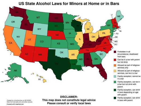 useful charts and infographics - cartoon - Us State Alcohol Laws for Minors at Home or in Bars Wa Vt Me Mt Nd Or Mn Sd wi Ny Wy Mi Ia Pa Ne Nv Oh Nj De Ut Il Co w Ca Ks Mo Va Md Dc Nc Tn Ok Az Nm Ar Sc Ms Ga La Ak Forbidden in al circumstance, disallowed 