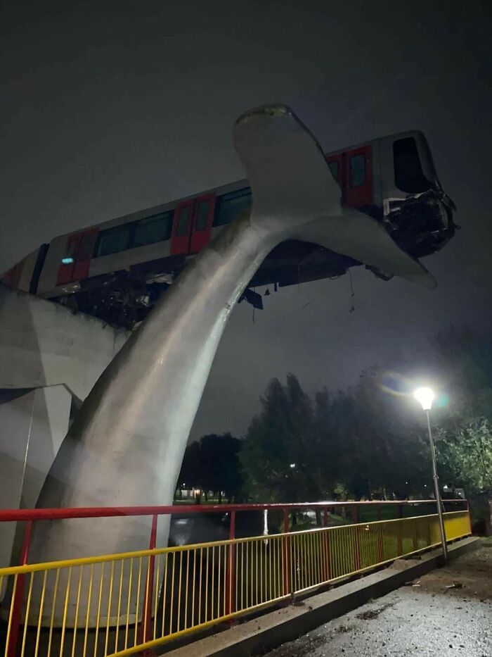 November 02, 2020: Train Breaks Through Barrier Onto Statue At The End Of The Line. Happened In The Middle Of The Night, No Injuries As Of Yet. Spijkenisse, The Netherlands