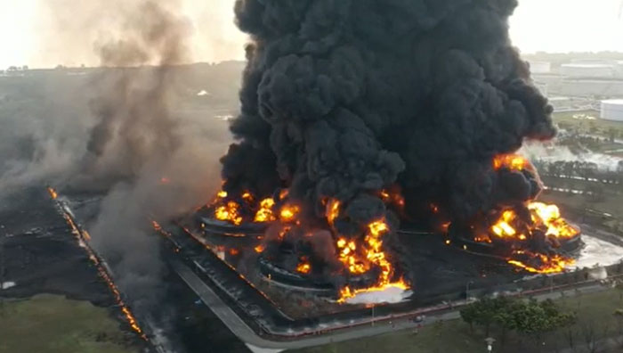 Drone View Of Indonesia's Largest Oil Refinery Explosion In Indramayu