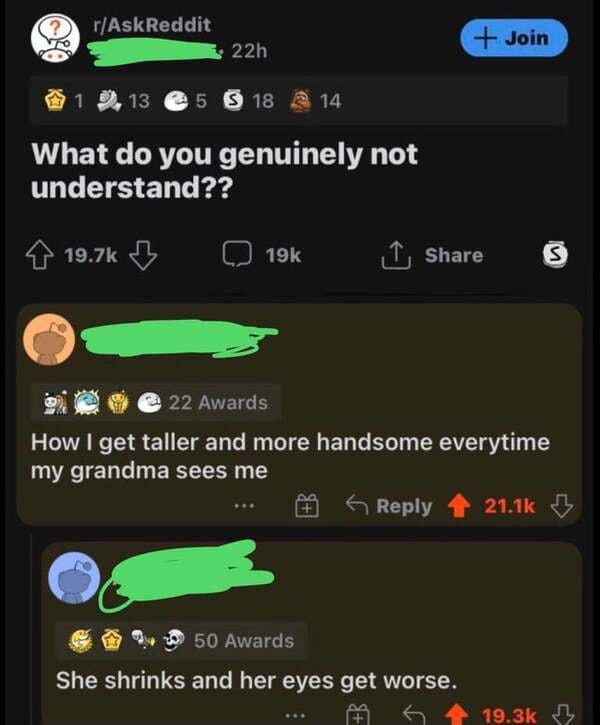 screenshot - rAskReddit Join 22h 1 2.13 5 S 18 @ 14 What do you genuinely not understand?? m 1, 22 Awards How I get taller and more handsome everytime my grandma sees me 6 B 50 Awards She shrinks and her eyes get worse. ?