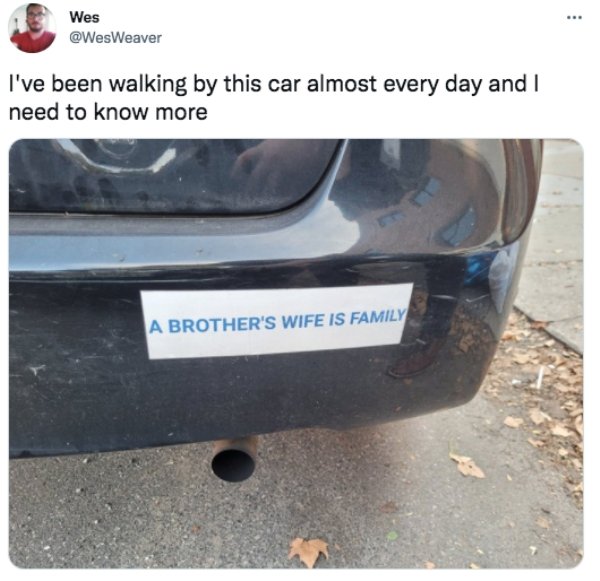 funny memes and tweets - bumper - . Wes I've been walking by this car almost every day and I need to know more A Brother'S Wife Is Family