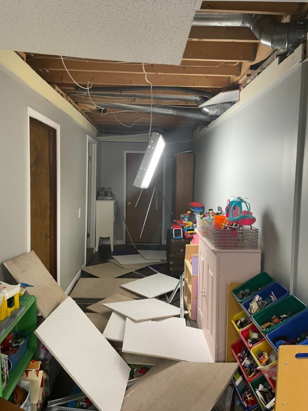“Entire dropped ceiling just collapsed in my basement, great.”