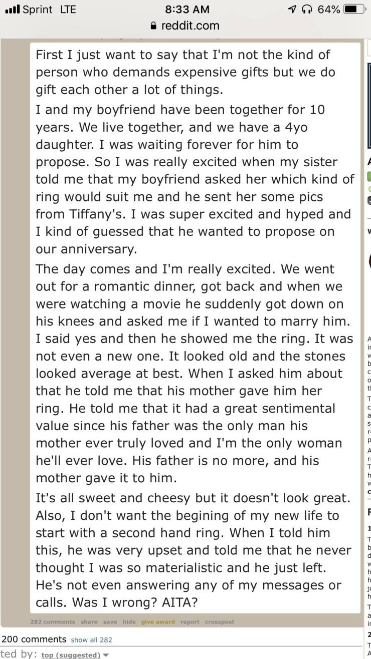"Whining because she didn’t get a super expensive Tiffany ring when her boyfriend proposed"