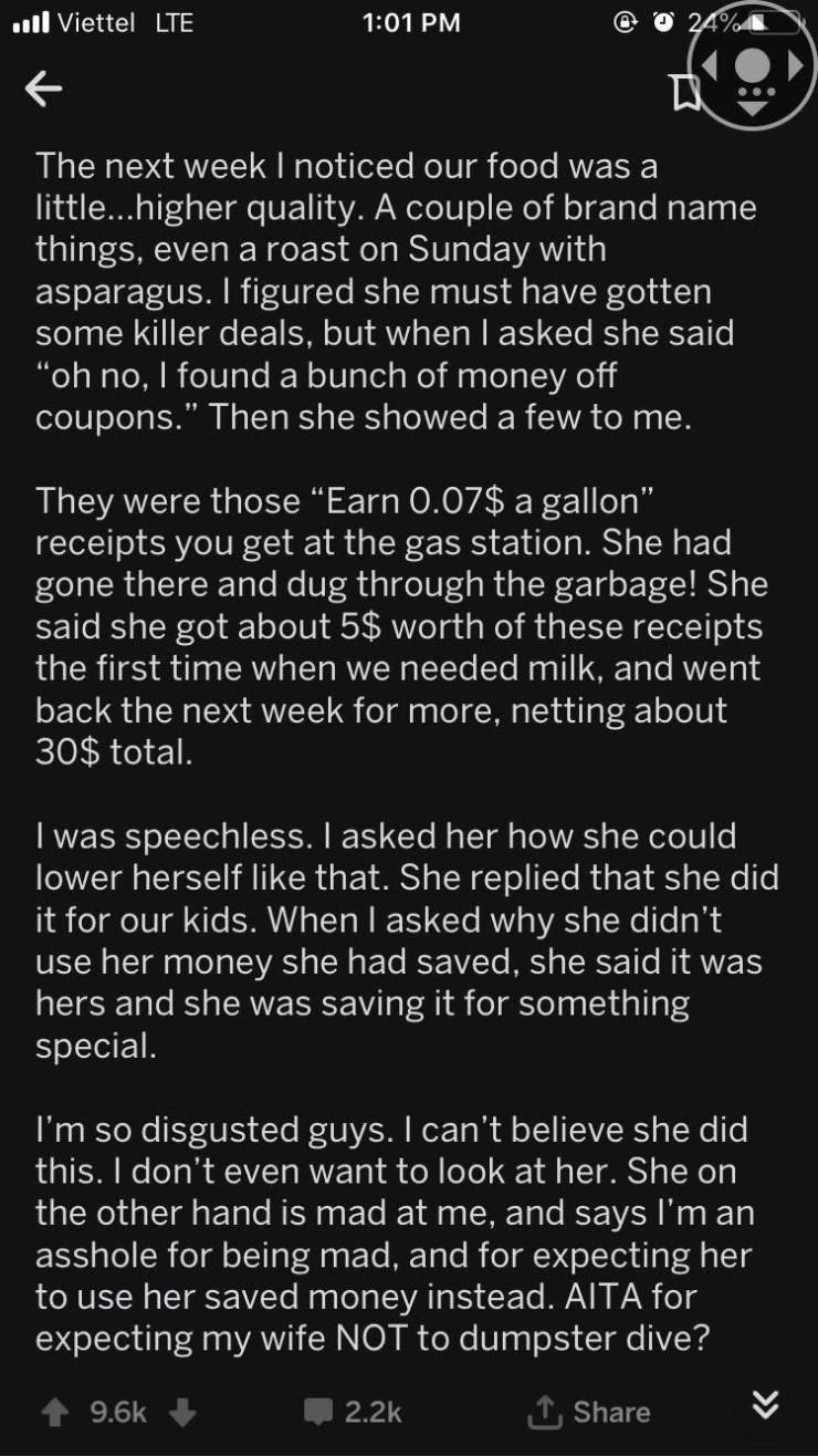 "Husband who is struggling to make ends meet gets mad at wife for"lowering herself" because she found coupons in the trash to feed her kids."