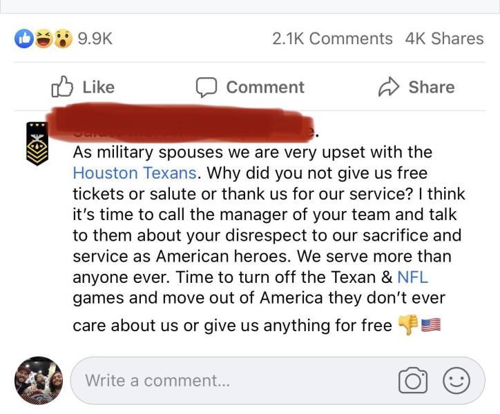 "Just because you're connected to the military, NFL teams are required to give you free stuff?"