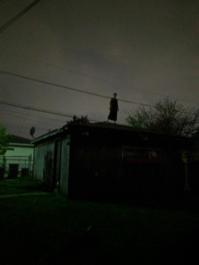 A Friend Went For A Walk The Other Night And Saw This Woman Just Standing On A Roof